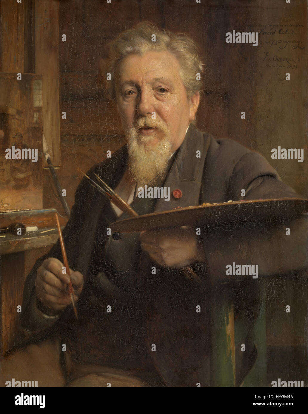 *De schilder Jan David col* di Pierre Jean Van der Ouderaa è un ritratto dell'artista Jan David col, che mostra lo stile di Ouderaa nella ritrattistica olandese del XVII secolo. Il pezzo riflette la somiglianza personale e la sensibilità artistica della sitter. Foto Stock