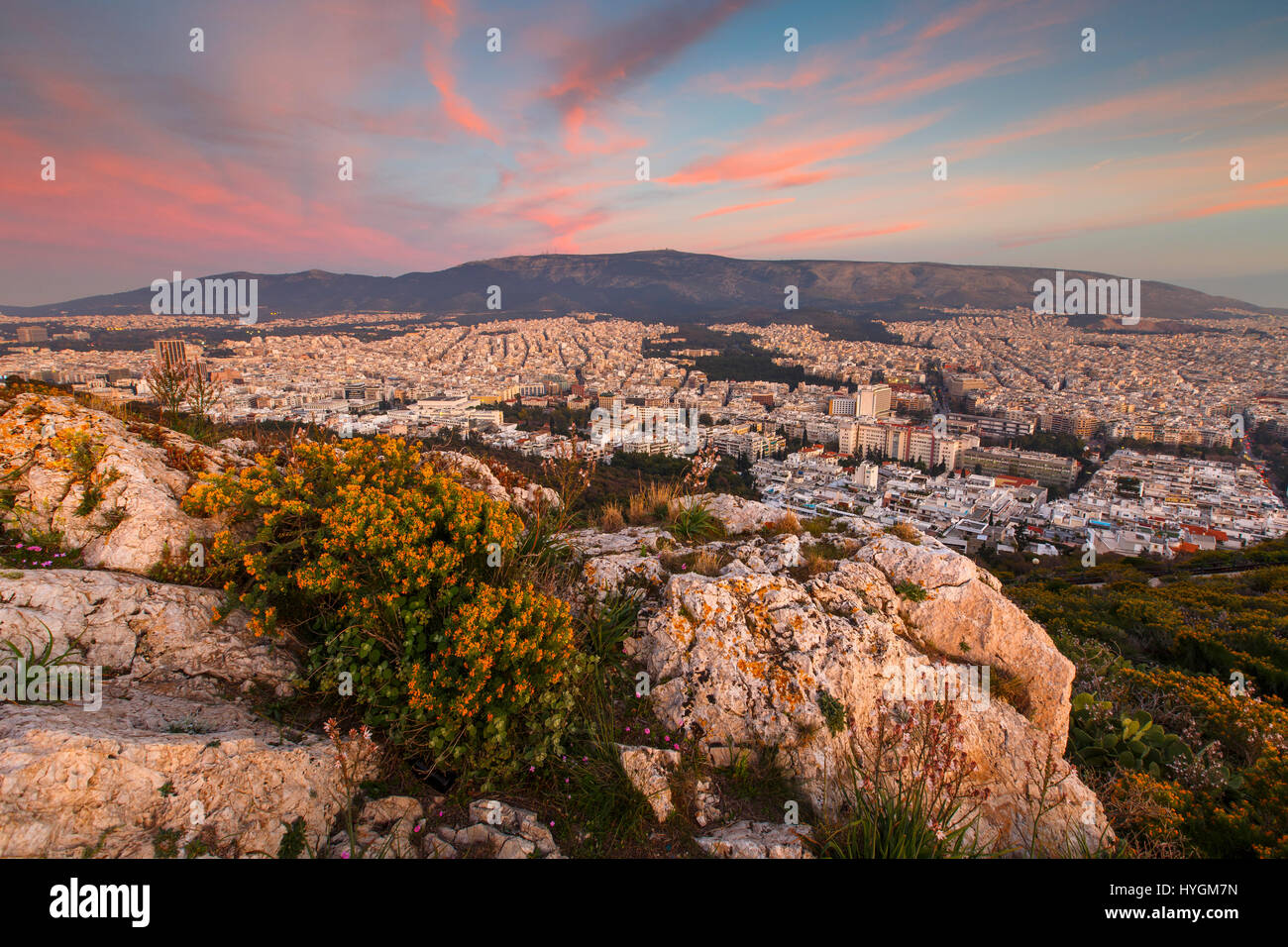 Vista di Atene dal Colle Lycabettus al tramonto, Grecia. Foto Stock