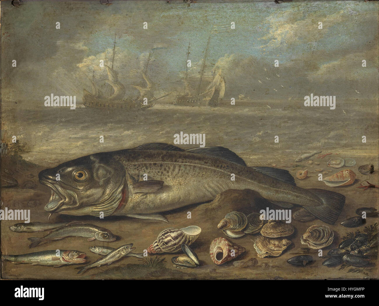 Il dipinto di Jan van Kessel il Vecchio "pesce e paesaggio marino" illustra la bellezza naturale della vita acquatica. Conosciuto per le sue nature morte, la rappresentazione di Kessel mette in evidenza i colori vibranti e le texture della vita marina. Foto Stock