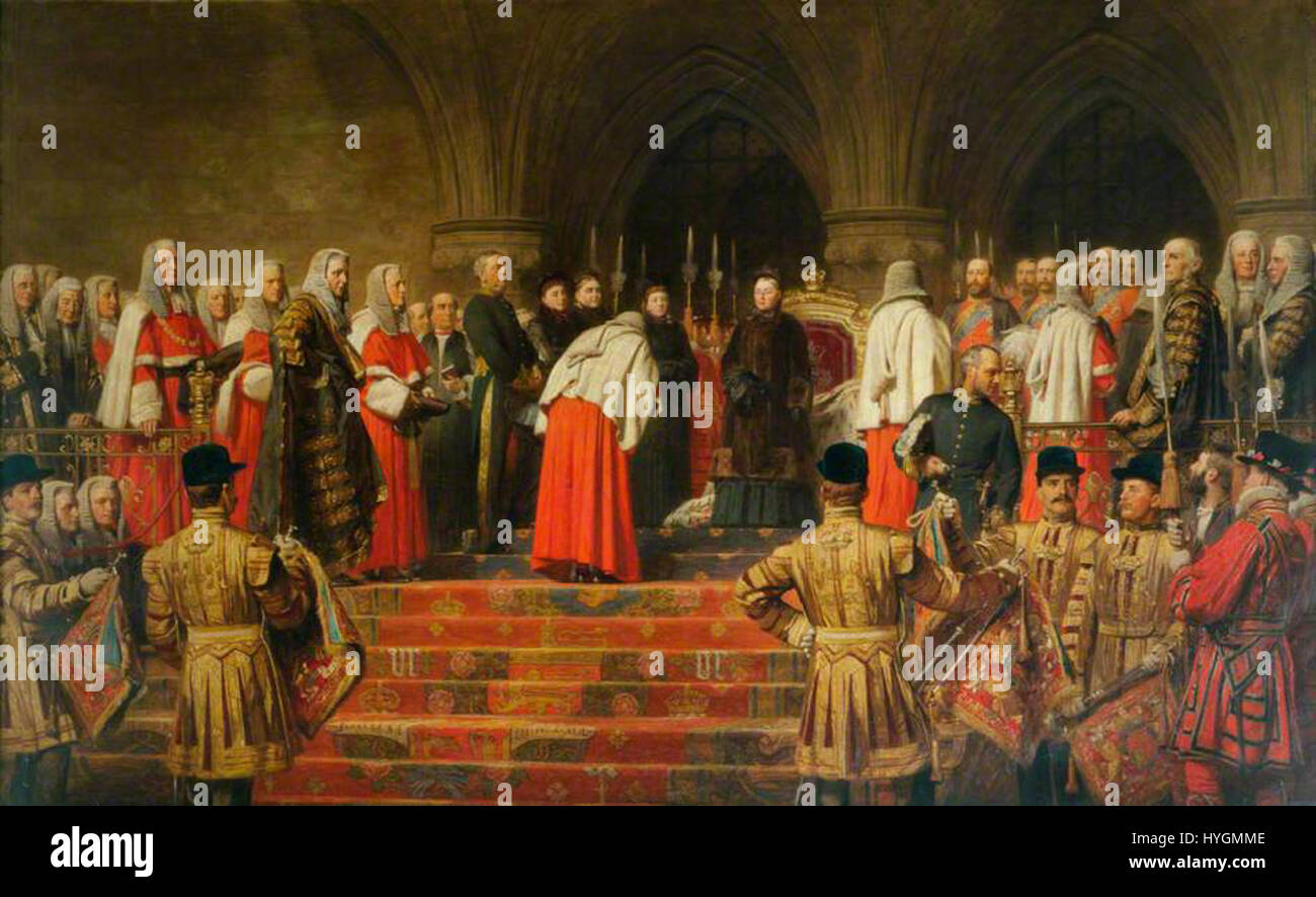 L'apertura ufficiale della regina Vittoria delle Royal Courts of Justice a Londra fu un momento significativo nella storia legale britannica. Questo evento segnò il completamento del nuovo edificio del tribunale, simboleggiando un'era moderna nel sistema giudiziario britannico. Foto Stock