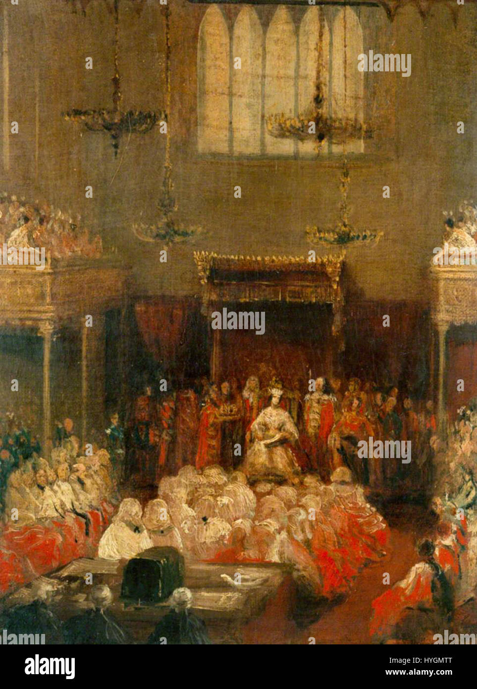 Questo dipinto storico raffigura la regina Vittoria del Regno Unito mentre apre il Parlamento, un momento significativo nella storia politica e reale britannica. L'immagine cattura la sua presenza regale e la grandezza dell'occasione. Foto Stock