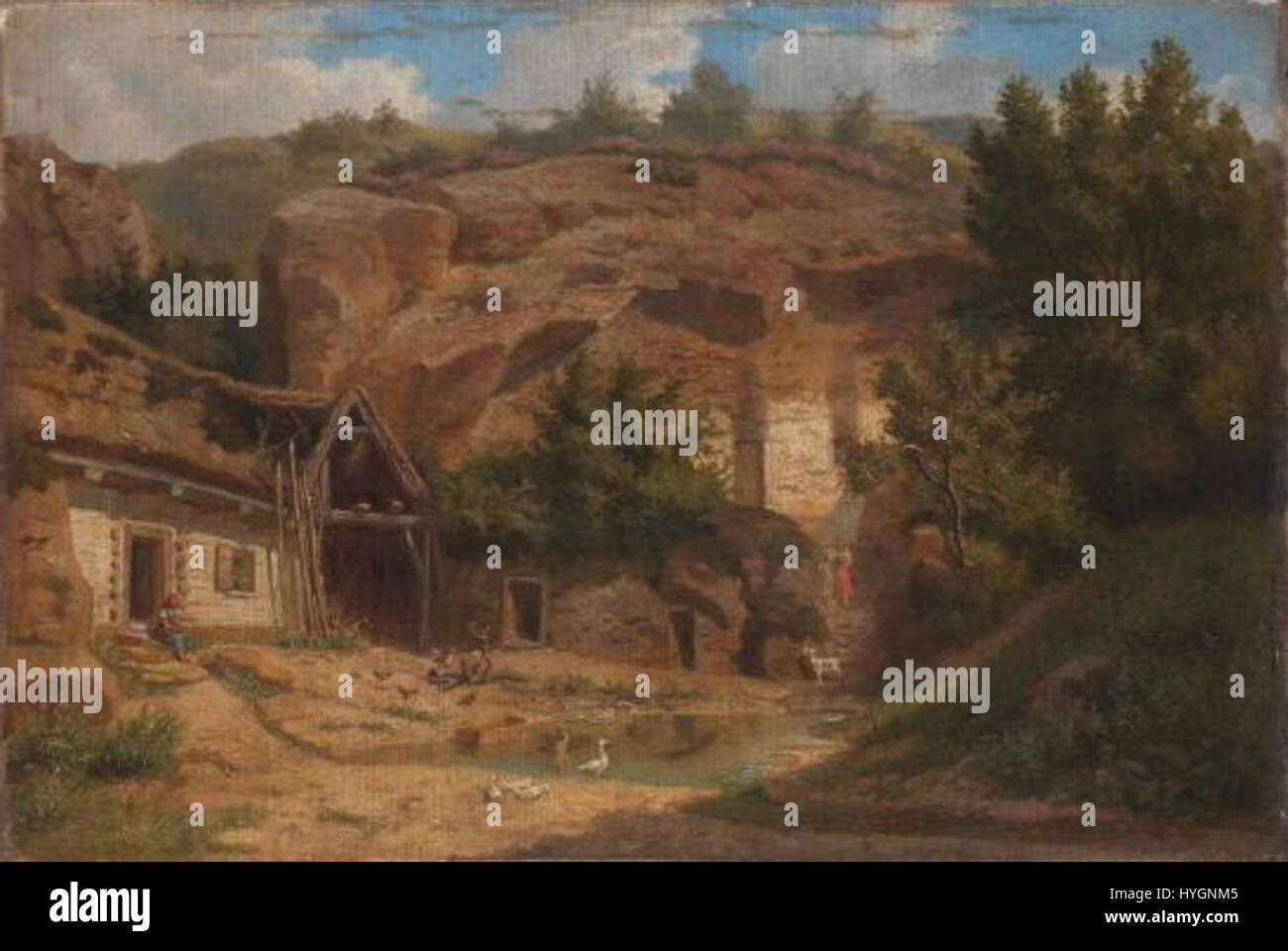 "Obydli V lomu" (cottage in cava) di un artista anonimo, raffigurando semplici abitazioni rurali in un ambiente di cava, che riflettono la vita rurale ceca durante il XIX secolo. Foto Stock "Obydli V lomu" (cottage in cava) di un artista anonimo, raffigurando semplici abitazioni rurali in un ambiente di cava, che riflettono la vita rurale ceca durante il XIX secolo. Foto Stock