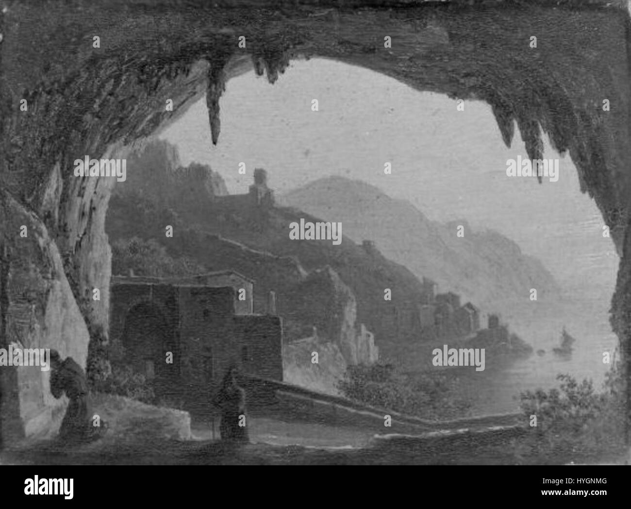 *Mnich V jeskyni* (il monaco nella grotta) è un dipinto anonimo che raffigura un monaco solitario in una grotta, simboleggia l'introspezione e la solitudine spirituale. L'opera d'arte riflette temi medievali di ascetismo e vita monastica. Foto Stock *Mnich V jeskyni* (il monaco nella grotta) è un dipinto anonimo che raffigura un monaco solitario in una grotta, simboleggia l'introspezione e la solitudine spirituale. L'opera d'arte riflette temi medievali di ascetismo e vita monastica. Foto Stock