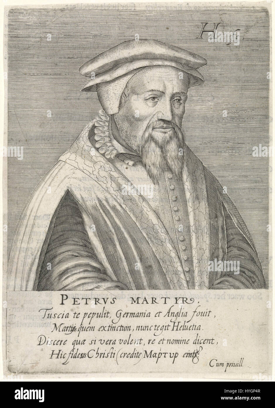 Il ritratto di Pietro Martire Vermigli di Hendrick Hondius i è una rappresentazione dettagliata e studiosa del teologo italiano del XVI secolo. L'incisione evidenzia la presenza intellettuale di Vermigli e i suoi contributi al pensiero protestante durante la riforma. Foto Stock