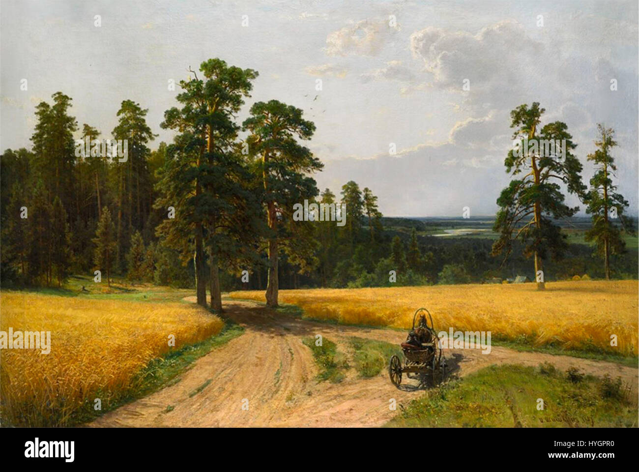 Questo paesaggio dipinto da Ivan Shishkin del 1898 raffigura una scena tranquilla ai margini di una foresta di pini, catturando la quiete e la bellezza naturale della natura selvaggia russa. Il dettagliato pennellaggio di Shishkin mette in risalto le ricche texture della foresta e dell’ambiente circostante. Foto Stock