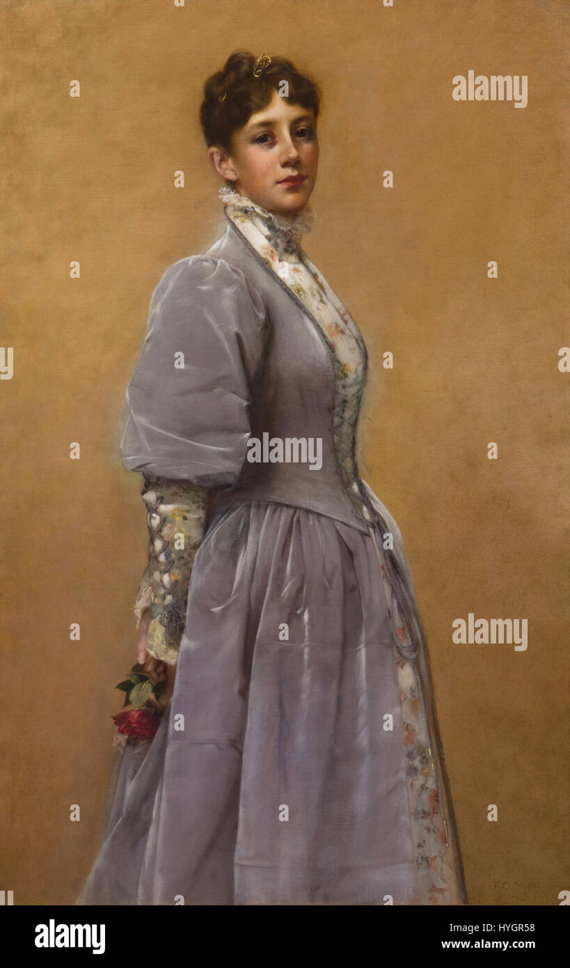 Questo ritratto, dipinto dall'artista americano Francis Davis Millet, raffigura Sadie P. Waters. Millet era noto per i suoi ritratti realistici, che catturavano soggetti con una forte enfasi sui dettagli e sull'espressione. Il dipinto riflette la ritrattistica americana del XIX secolo, evidenziando la personalità del sitter e l'abilità dell'artista nel catturare la somiglianza. Foto Stock