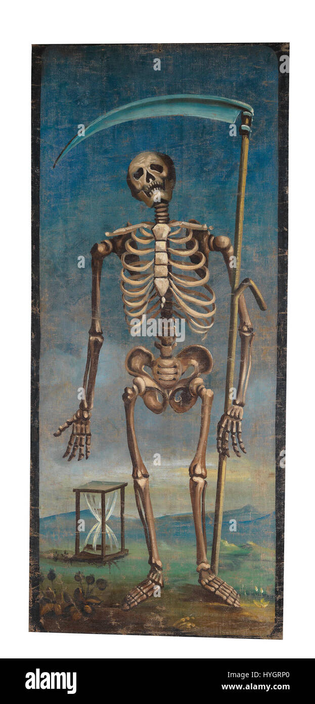 Uno striscione religioso, intitolato "Prozessionsfahne Gnadenstuhl und Tod Seite 2", raffigurante immagini sacre del Trono di Grazia e morte. Questa opera d'arte rappresenta un tema religioso con simbolismo spirituale. Foto Stock