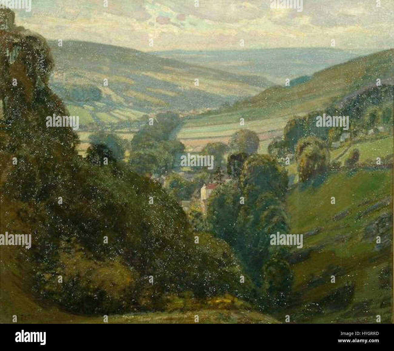 *Villaggio nella Valle* raffigura un tranquillo insediamento rurale annidato all'interno di una valle. Il dipinto cattura la serenità della vita del villaggio, mettendo in risalto i suoi dintorni naturali, con colline ondulate, montagne lontane e case sparse. Incarna una scena pastorale idealizzata. Foto Stock *Villaggio nella Valle* raffigura un tranquillo insediamento rurale annidato all'interno di una valle. Il dipinto cattura la serenità della vita del villaggio, mettendo in risalto i suoi dintorni naturali, con colline ondulate, montagne lontane e case sparse. Incarna una scena pastorale idealizzata. Foto Stock