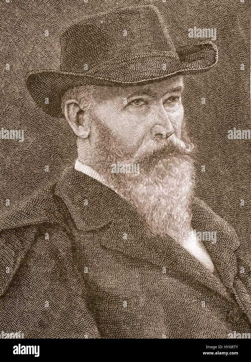 Questo ritratto di Wilhelm Busch di Moritz Klinkicht presenta l'autore e l'illustratore tedesco in uno stile classico dettagliato. Busch, noto per le sue opere satiriche, è catturato qui in un momento di riflessione, una figura chiave della letteratura tedesca. Foto Stock