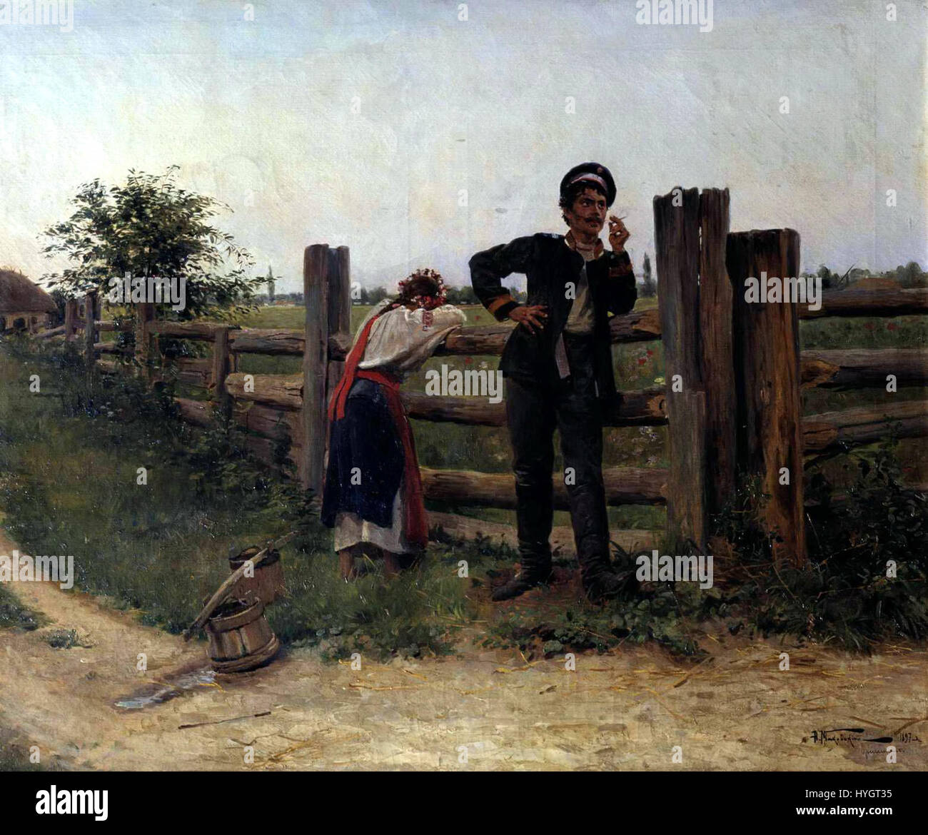 Un pezzo del 1897 dell'artista russo A.V. Makovskiy, intitolato "Nadoela" (che si traduce in "stanco"), cattura un momento di intensità emotiva, possibilmente raffigurante una figura esausta dalle lotte della vita, in uno stile che riflette l'arte russa del tardo XIX secolo. Foto Stock