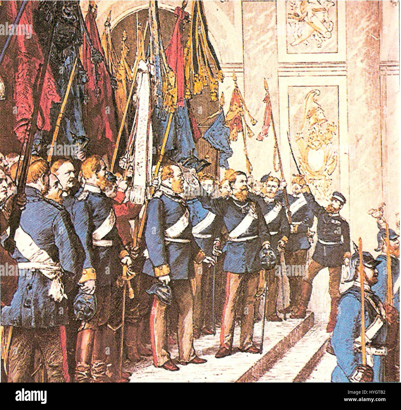 Il "proclama dell'Impero" si riferisce a un documento storico o evento che segna la dichiarazione di un impero. Questa proclamazione è spesso associata alla costituzione formale di un governo o autorità imperiale, come nel caso della fondazione del Sacro Romano Impero o dell'Impero francese sotto Napoleone. Foto Stock