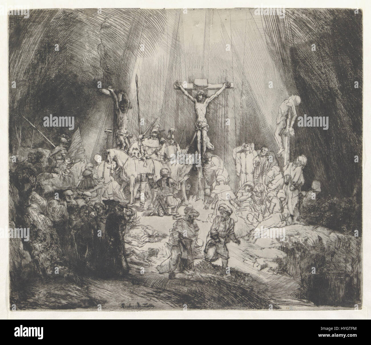 "Le tre croci" è una famosa incisione di Rembrandt, raffigurante la crocifissione di Cristo. Il terzo stato di questo lavoro mette in evidenza la magistrale tecnica di Rembrandt nel catturare luce e ombra, nonché la sua rappresentazione dettagliata dell'intensità emotiva della scena. Foto Stock