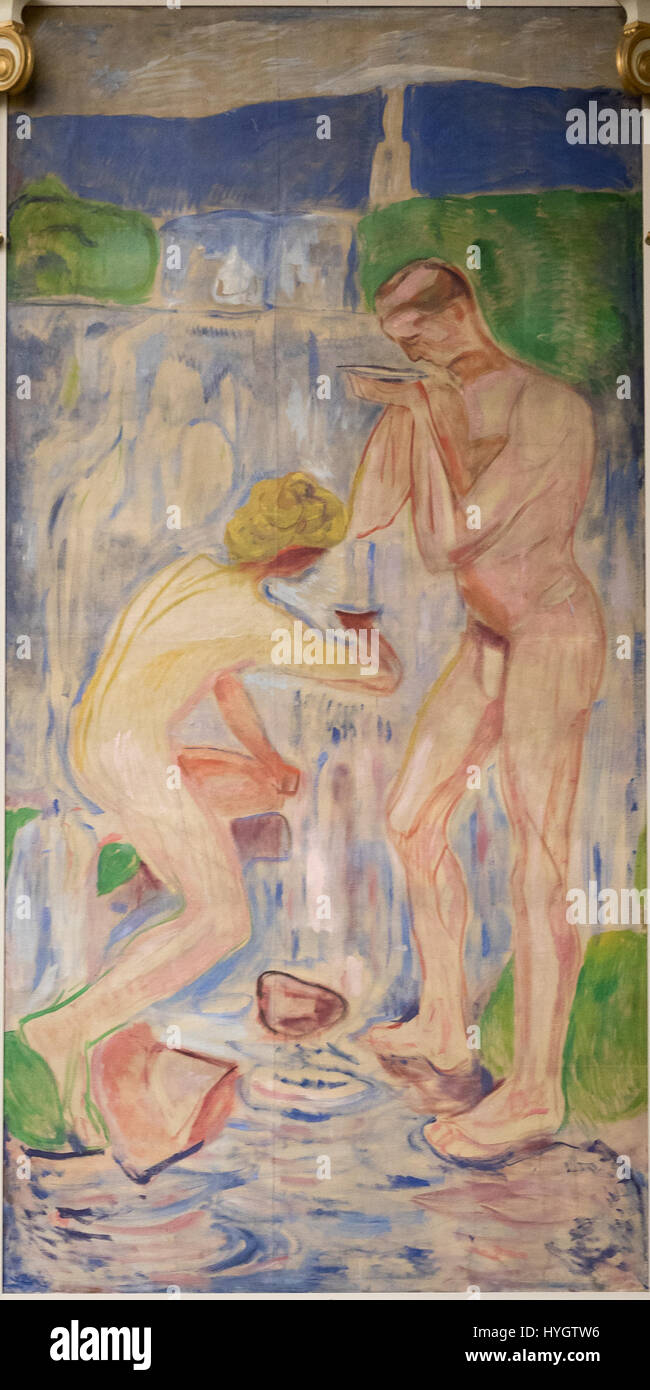 "Kilden" (la fonte) di Edvard Munch è un dipinto iconico che approfondisce i temi dell'emozione umana e della complessità della psiche. Lo stile distintivo di Munch mette in evidenza la sua attenzione su argomenti esistenziali e psicologici. Foto Stock