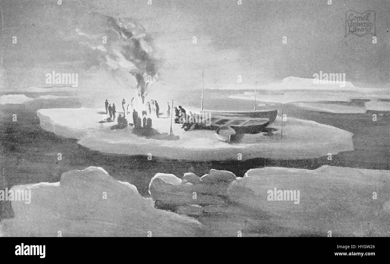 Questo resoconto storico descrive una notte dura in cui il gruppo, incapace di dormire, ha fatto ricorso ad accendere una stufa blubber per il calore. La scena rievoca le lotte affrontate in ambienti freddi e impegnativi, dove la stufa blubber è stata una fonte vitale di calore durante lunghe notti insonni. Foto Stock