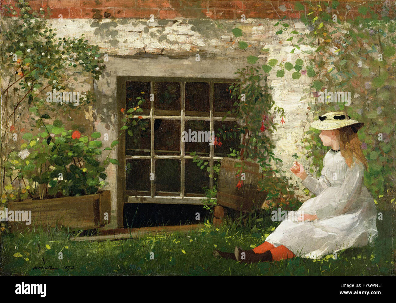 Un dipinto dell'artista americano Winslow Homer intitolato The Four Leaf Clover, noto per la sua rappresentazione naturalistica della vita quotidiana. Le opere di Homer spesso raffiguravano scene rurali americane con un'enfasi sulla natura e la connessione umana con l'ambiente, e questo pezzo non fa eccezione. Foto Stock