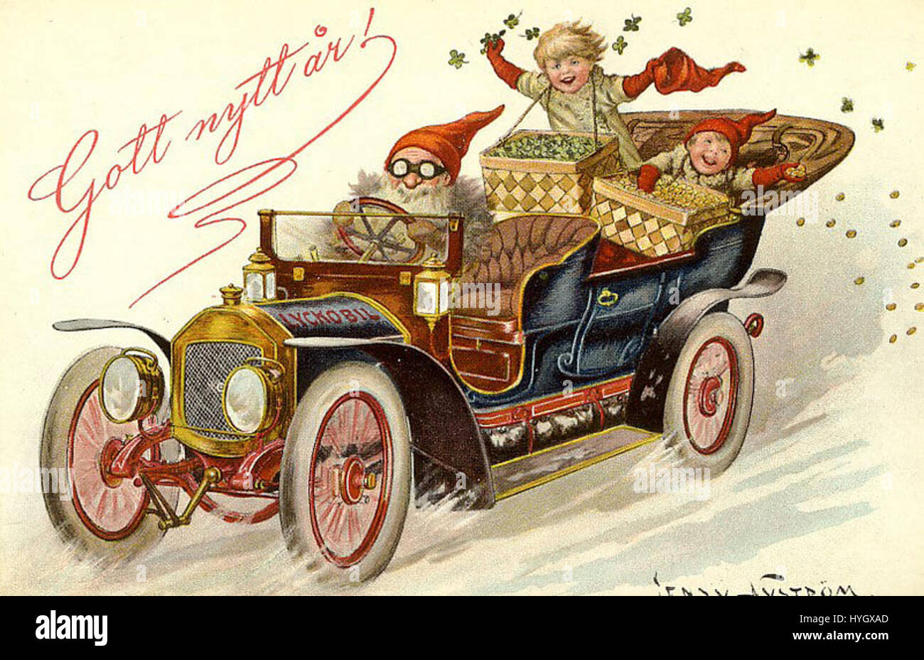 "God Jul" di Nystrom è un'illustrazione natalizia, probabilmente creata per trasmettere lo spirito festivo e la gioia della stagione. Il pezzo celebra le tradizionali usanze natalizie svedesi e temi di Unione, calore e famiglia, che risuonano con il significato culturale del periodo natalizio in Svezia. Foto Stock