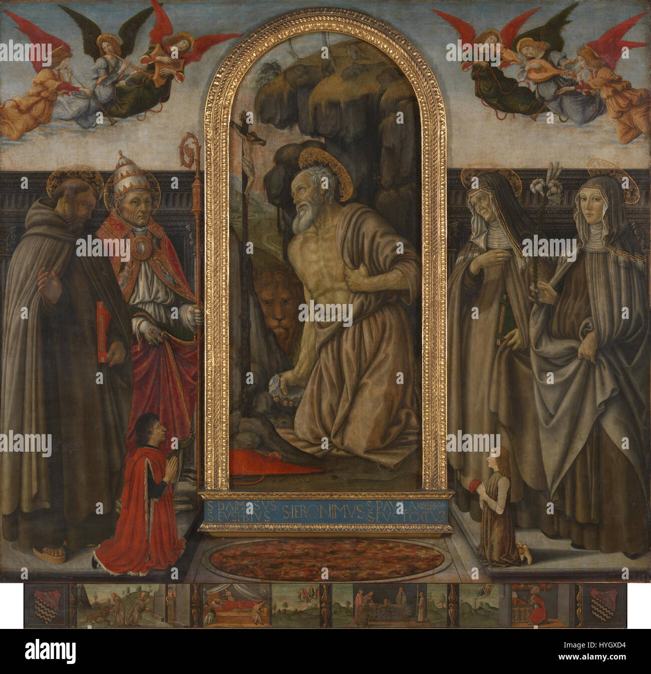 La "Pala di San Gerolamo" di Francesco Botticini è una rinomata opera d'arte rinascimentale. La pala d'altare, ospitata nella National Gallery di Londra, raffigura San Girolamo e altre figure religiose. Foto Stock