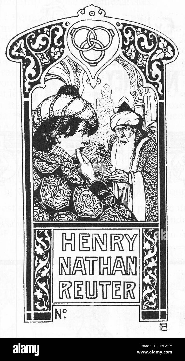 Il design ex libris di Pierre Blanc per Henri Nathan Reuter è un'intricata libreria. Riflette la natura personalizzata della proprietà del libro con incisioni dettagliate che includono elementi simbolici della conoscenza e dell'apprendimento. Foto Stock