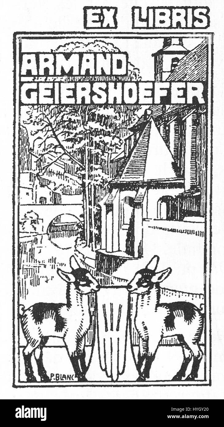 Il design ex libris di Pierre Blanc per Armand Geiershoefer è caratterizzato da targhe personalizzate, che riflettono l'identità e il gusto del proprietario, una tradizione nella proprietà dei libri. Foto Stock