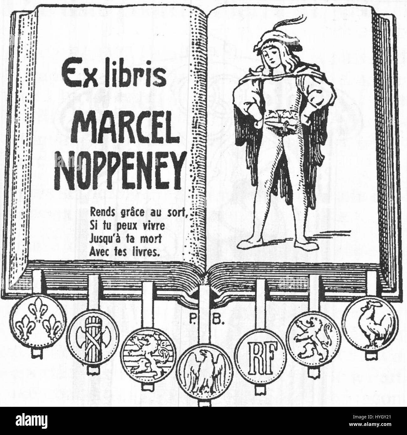 L'ex libris disegnato da Pierre Blanc per Marcel Noppeney mostra opere d'arte decorative complesse tipicamente utilizzate per le librerie personali. Il design riflette lo stile di Blanc di incisione dettagliata ed espressione artistica. Foto Stock