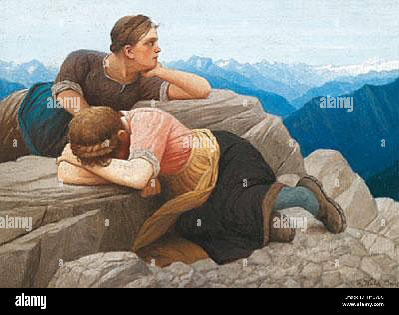 "Verlorene Heimat" (patria perduta) di Thomas Walch esplora temi di sfollamento e nostalgia, forse riflettendo l'esperienza personale dell'artista o il tumulto sociale. Il dipinto raffigura una scena emotiva, simboleggiando la perdita di un luogo o di una cultura familiare. Foto Stock