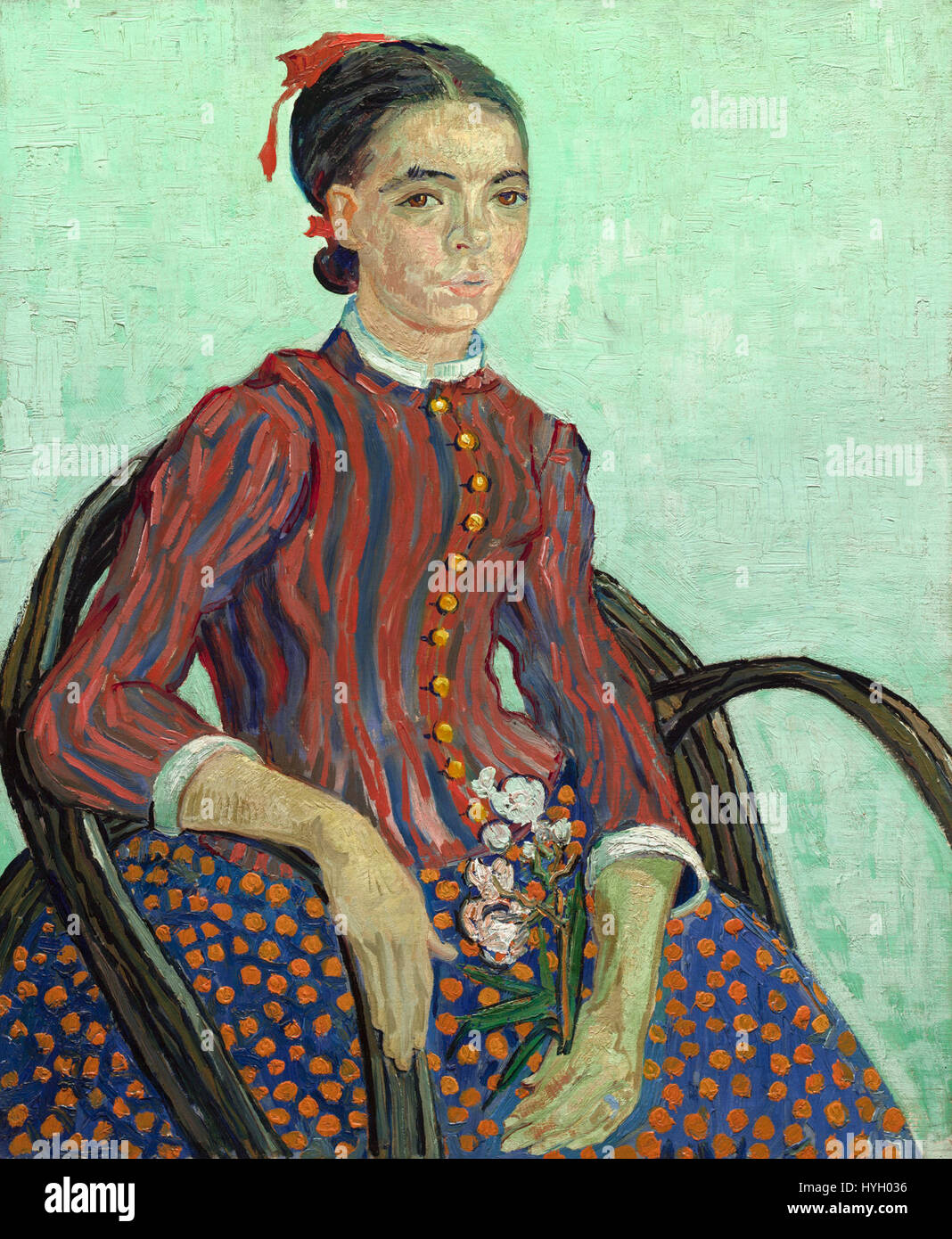 Il dipinto "Mousme" di Vincent van Gogh raffigura una figura femminile in modo vibrante ed espressivo. L'uso caratteristico di pennellate audaci e contrasti di colore di Van Gogh ritrae la profondità emotiva e l'energia del soggetto. Foto Stock