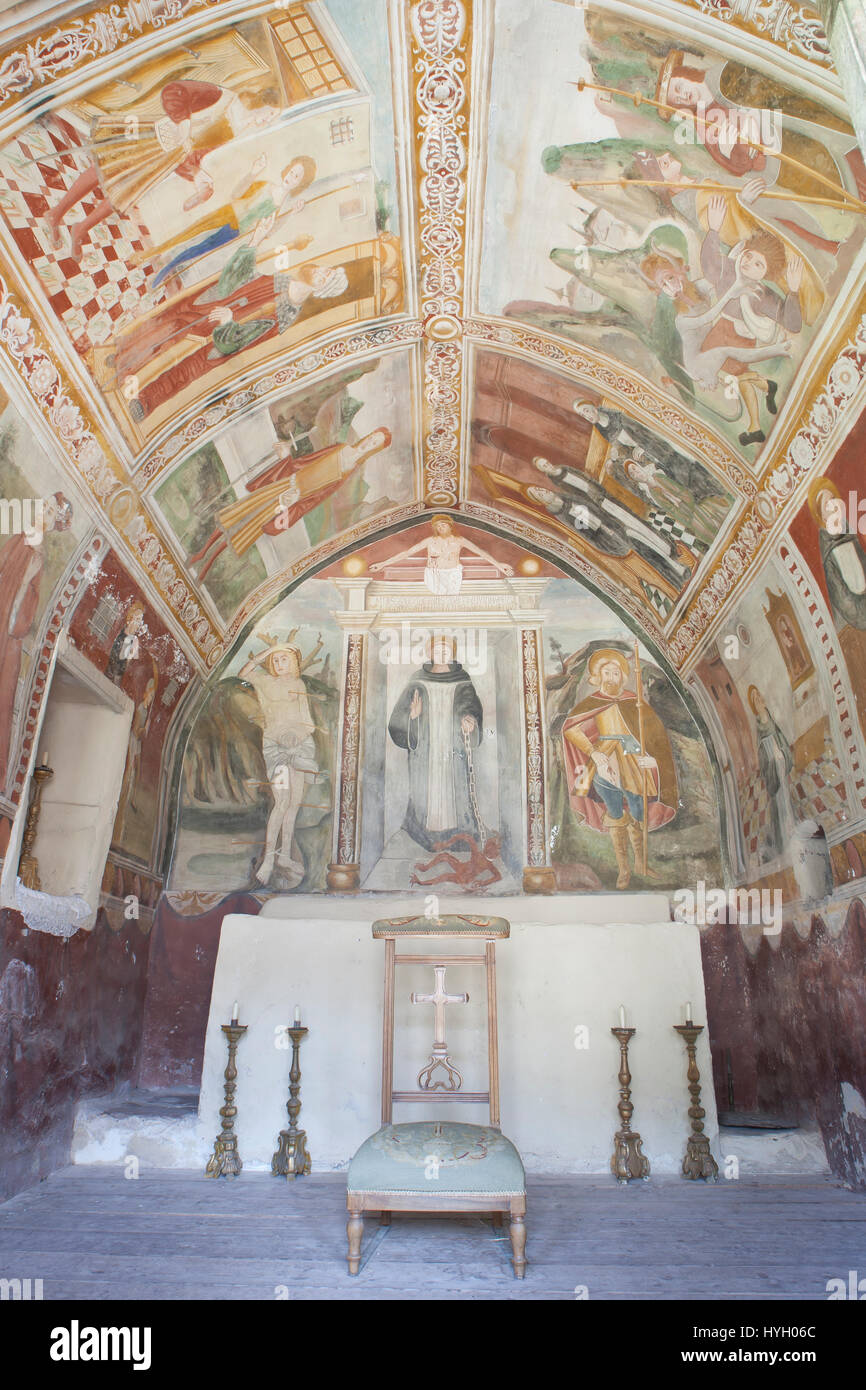 Francia, Alpes-Maritimes (06), la Vallée de la Tinée, Roure, la chapelle Saint-Sébastien,fresques peintes par Andrea de Cella en 1510, au abside, Saint essere Foto Stock