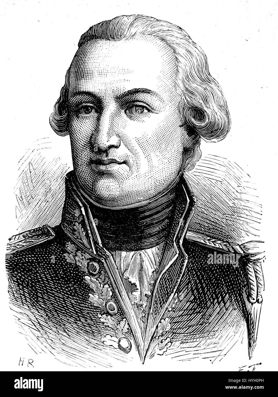 *AduC 162 Villaret de Joyeuse* raffigura l'ufficiale navale e politico francese, Villaret de Joyeuse, noto per il suo coinvolgimento nelle guerre napoleoniche. Questa figura storica è raffigurata in modo dignitoso, evidenziando la sua leadership militare e il servizio navale durante la fine del XVIII e l'inizio del XIX secolo. Foto Stock