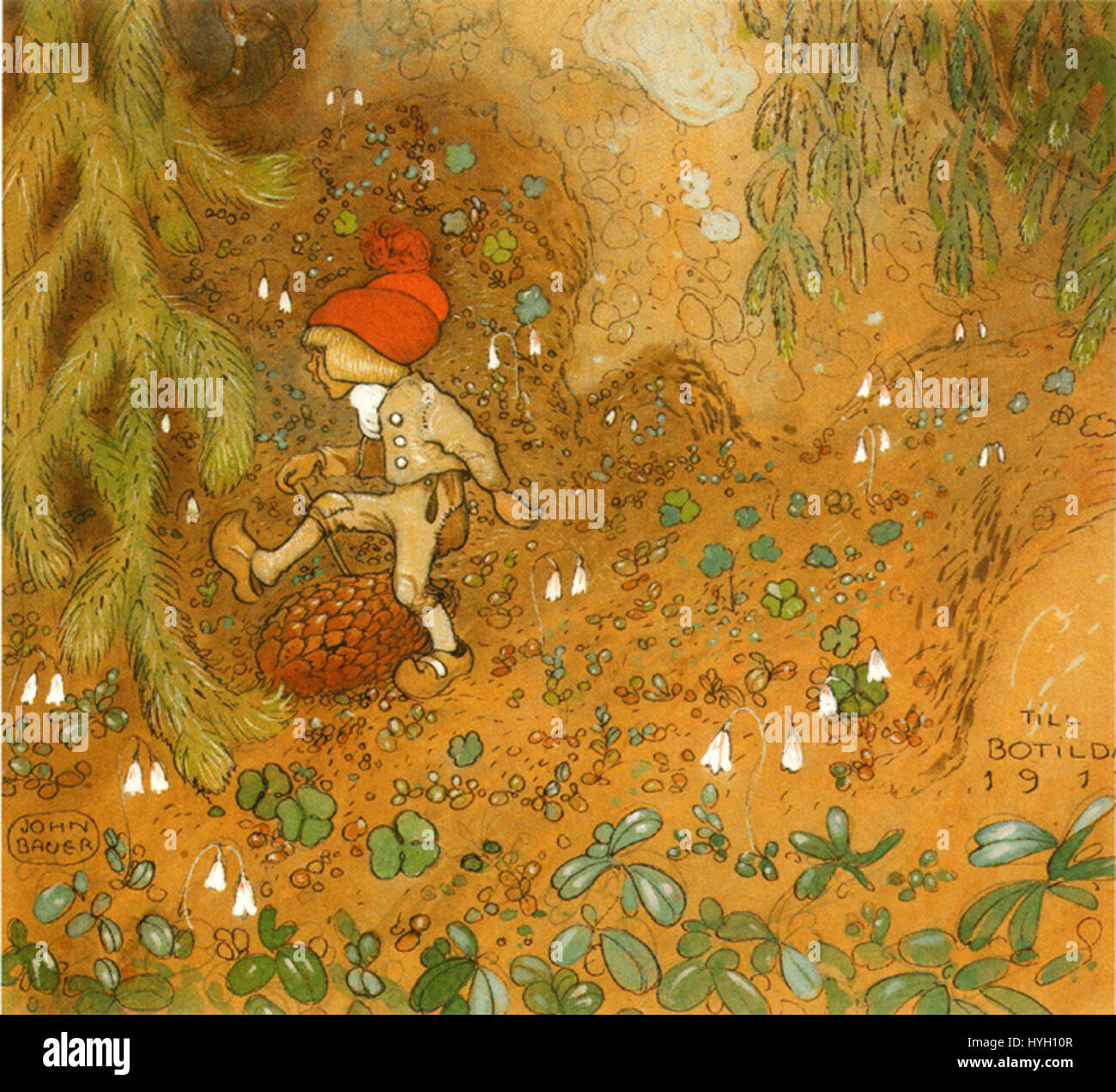 Il «Tomtepojken» di John Bauer è un’illustrazione dell’inizio del XX secolo di un elfo forestale svedese. L'opera d'arte cattura gli elementi stravaganti e mitici del folklore svedese con vividi dettagli, che mostrano lo stile caratteristico di Bauer. Foto Stock