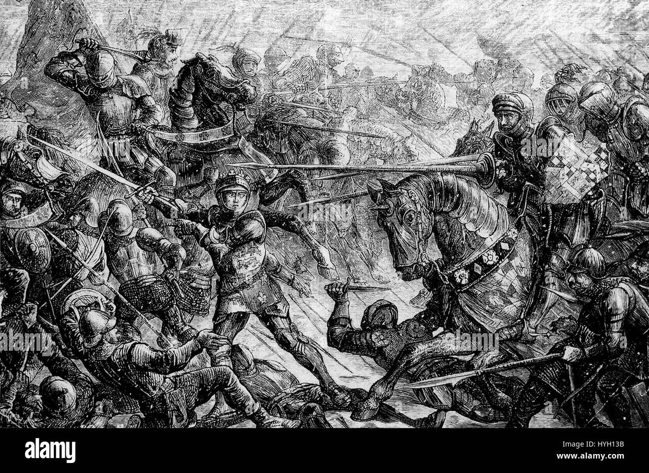 La battaglia di Towton, un'incisione di John Quartley, circa 1878, raffigurante Edoardo IV che raduna le sue truppe per combattere contro i Lancaster il 29 marzo 1461, un evento cruciale nelle guerre delle due rose. Foto Stock