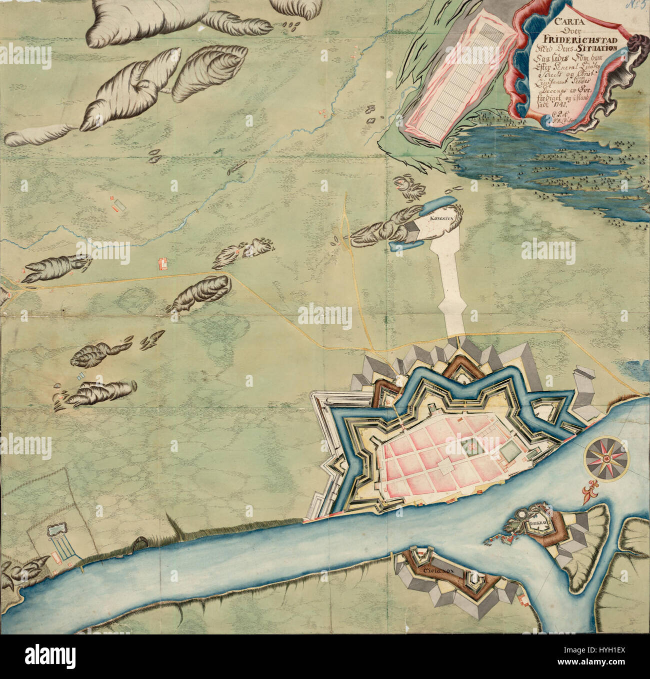 Questa mappa storica intitolata "carta Over Friderichstad" illustra il layout e la posizione strategica della città di Friderichstad, come apparve durante il suo sviluppo storico, mostrando le caratteristiche geografiche chiave. Foto Stock