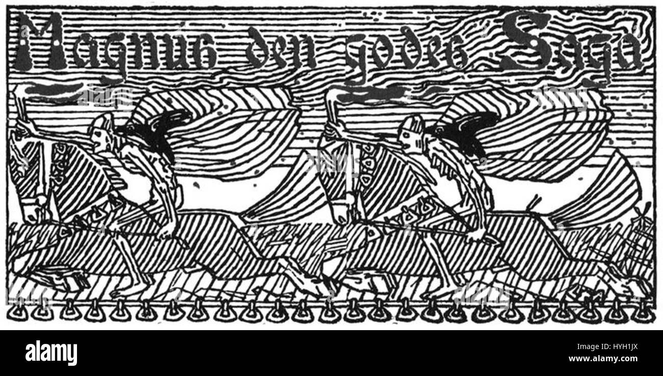 "Titelfrise Magnus den Godes saga" è un fregio decorativo che raffigura scene della saga di Magnus il buono, un re scandinavo medievale. Il fregio illustra i momenti importanti del suo regno, tra cui battaglie ed eventi storici significativi. Foto Stock "Titelfrise Magnus den Godes saga" è un fregio decorativo che raffigura scene della saga di Magnus il buono, un re scandinavo medievale. Il fregio illustra i momenti importanti del suo regno, tra cui battaglie ed eventi storici significativi. Foto Stock