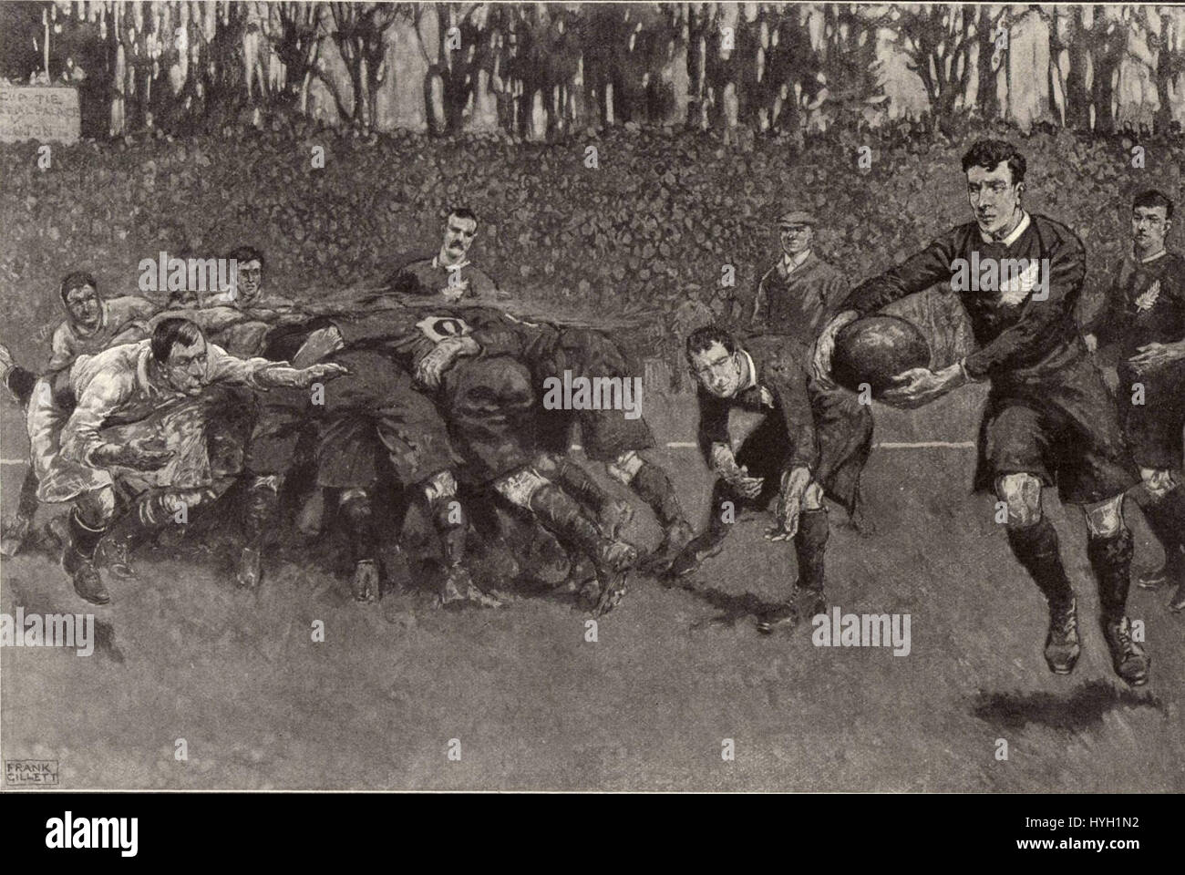 La partita di rugby del 1905 tra Inghilterra e All Blacks (nuova Zelanda) è un evento significativo nella storia del rugby, in quanto gli All Blacks sconfissero l'Inghilterra in una notevole dimostrazione di abilità e dominio. La partita è ricordata come un classico dello sport. Foto Stock