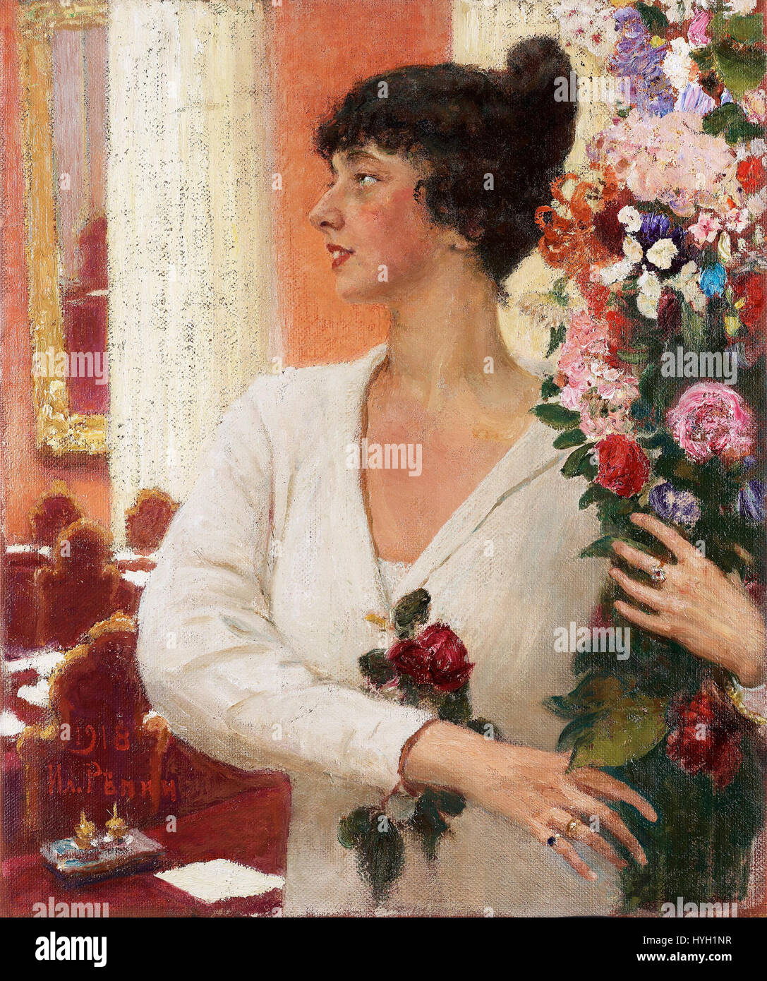 Il "Ritratto della signora Beatrice Levi" di Repin è un dipinto del XIX secolo che cattura l'eleganza e il carattere del suo soggetto. Noto per la sua ritrattistica realistica, l'attenzione di Repin per i dettagli e l'abilità nel catturare la personalità sono evidenti in questo lavoro, che mostra la raffinatezza della signora Levi. Foto Stock