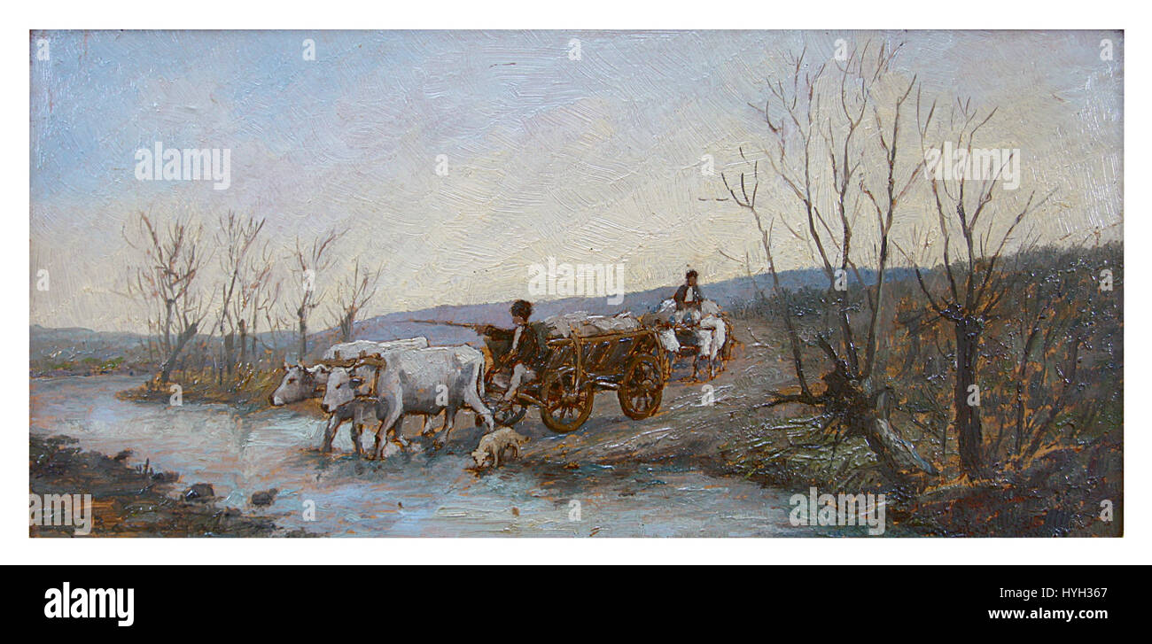 "Care cu boi" di Ludovic Bassarab è una rappresentazione della vita rurale, raffigurante buoi che tirano un carro in campagna. Il dipinto cattura la semplicità e il duro lavoro della vita agraria, mostrando il paesaggio naturale e le pratiche agricole tradizionali. Foto Stock