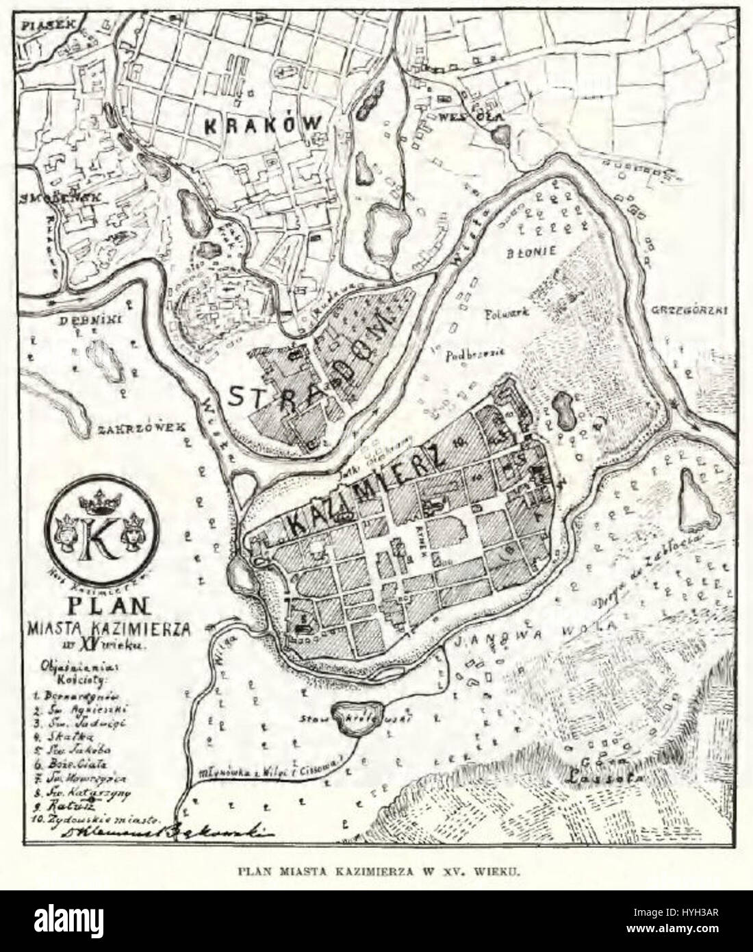 "Plan miasta Kazimierza W XV wieku" è una mappa storica che raffigura la città di Kazimierz nel XV secolo. La mappa offre uno sguardo sulla struttura e la struttura urbana di Kazimierz durante il Medioevo, evidenziando gli edifici e le strade principali di questo ex quartiere ebraico di Kraków, in Polonia. Foto Stock