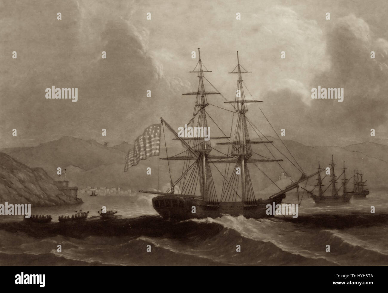 "La bandiera degli Stati Uniti" di John Sartain raffigura la bandiera americana in modo simbolico e artistico. Sartain, un notevole incisore del XIX secolo, presenta la bandiera come un emblema dell'identità e della storia della nazione. Foto Stock