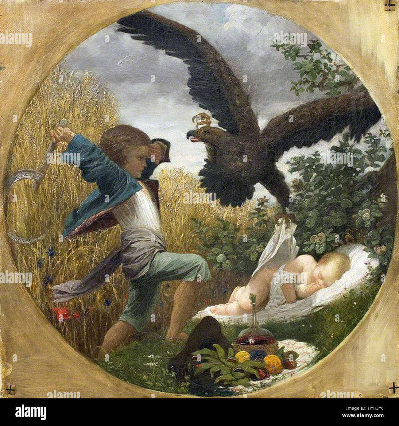 Questo dipinto di Frederic Leighton raffigura una scena drammatica di un ragazzo che protegge un bambino da un'aquila. La composizione enfatizza il movimento e le emozioni, catturando la lotta tra innocenza e pericolo. La padronanza di Leighton nella pittura di figura e la sua attenzione al dettaglio nelle figure evidenziano la sua abilità nel ritrarre le emozioni umane e i temi classici. Foto Stock