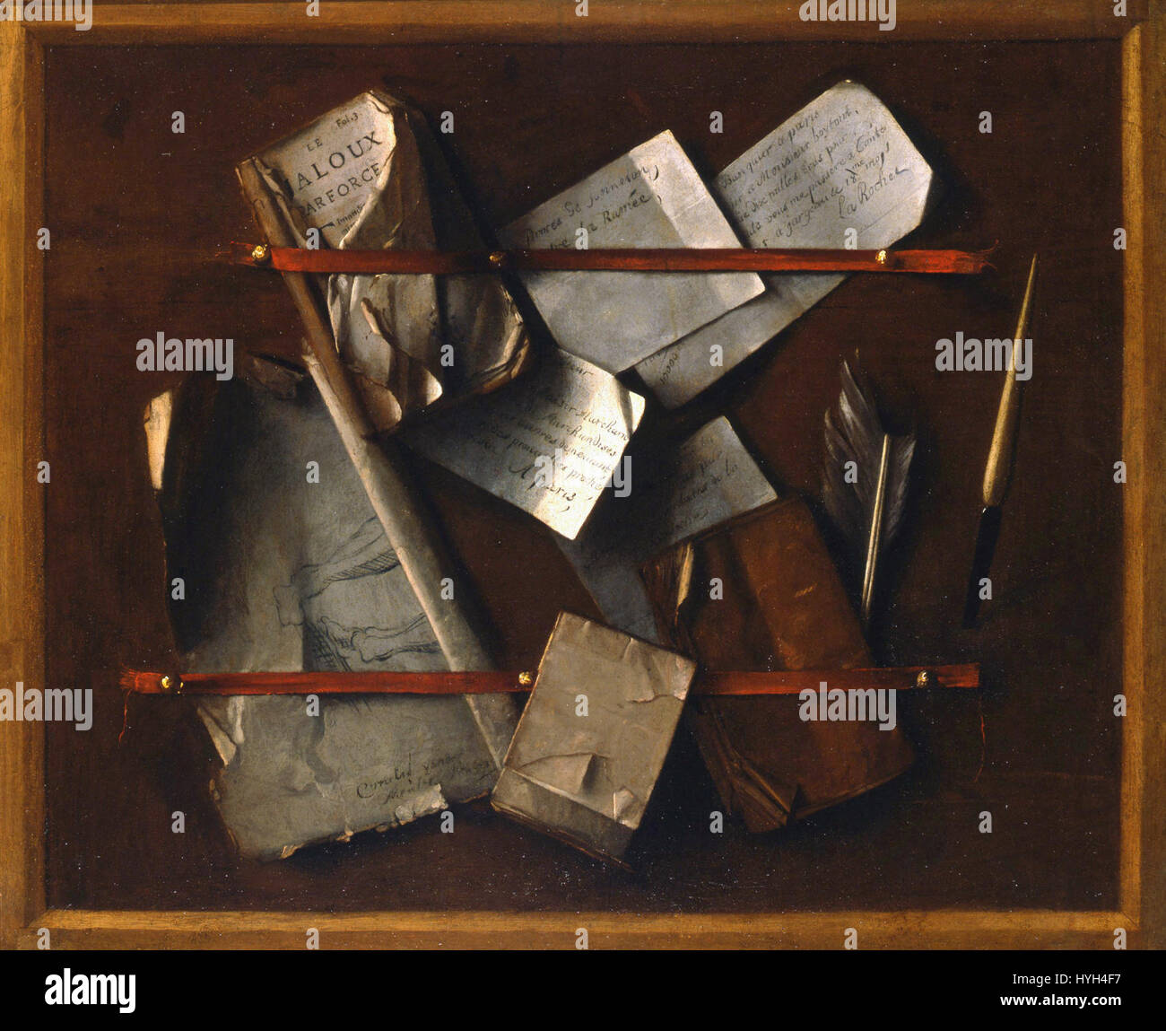 Questo dipinto Trompe l'oeil di Cornelis van der Meulen presenta una porta iperrealistica, creando un'illusione di spazio e profondità, caratteristica della tradizione olandese del XVII secolo dell'arte trompe l'oeil. Foto Stock