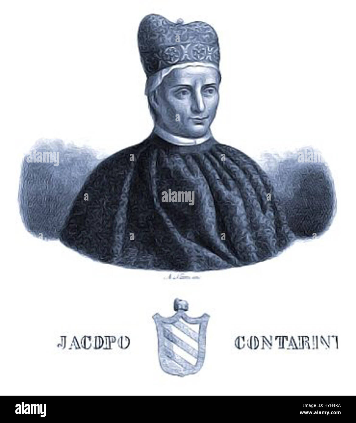 Il ritratto del doge Jacopo Contarini, un sovrano veneziano, lo ritrae come il capo della Repubblica di Venezia. La sua posizione dignitosa e il suo abbigliamento riflettono il potere e il prestigio associati al suo ruolo di doge, sottolineando il significato politico e culturale di Venezia durante il suo regno. Foto Stock
