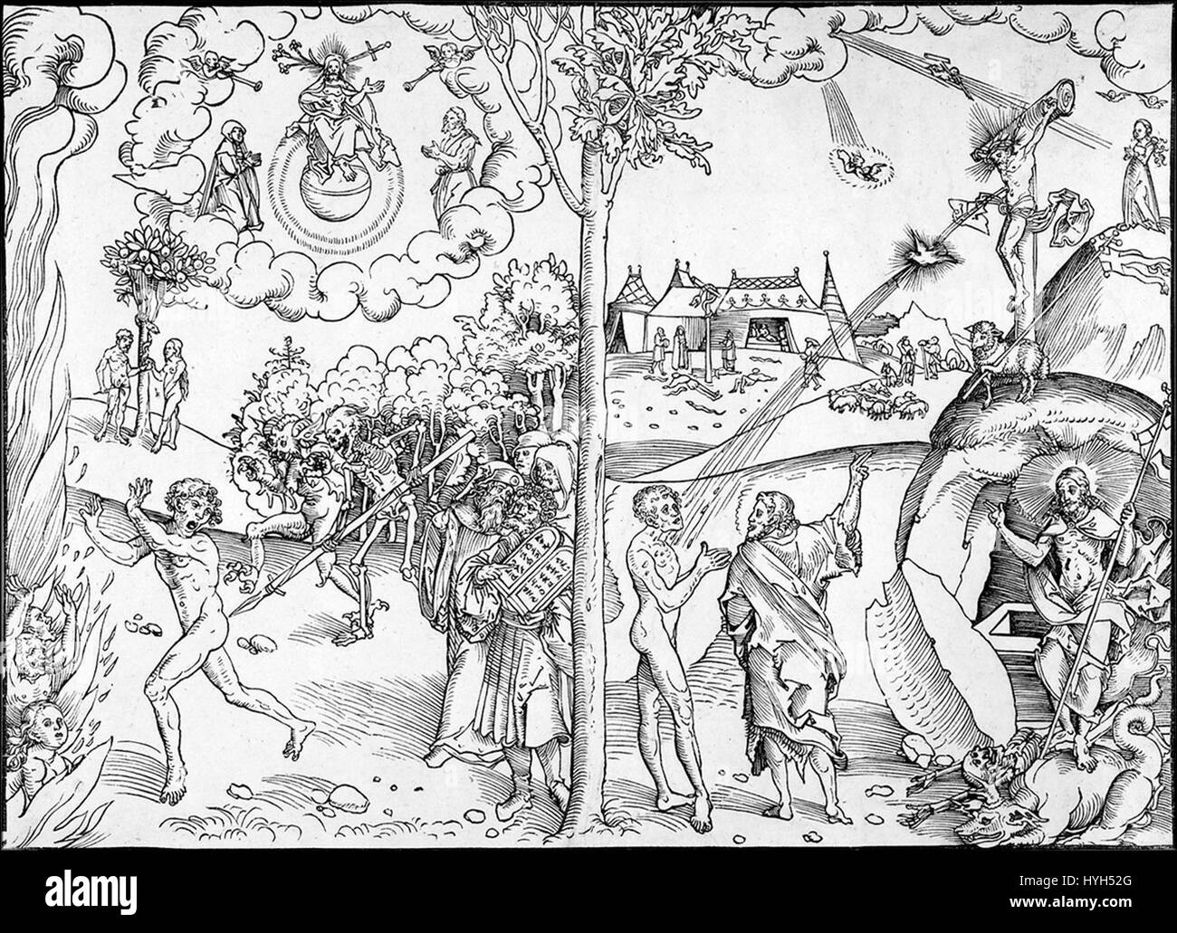«Law and Grace» di Lucas Cranach the Elder è una stampa su legno che contrasta i concetti biblici di legge e grazia. Il pezzo raffigura la lotta umana tra peccato e redenzione, evidenziando l'abilità di Cranach nel rendere scene drammatiche con chiarezza e impatto visivo. Foto Stock