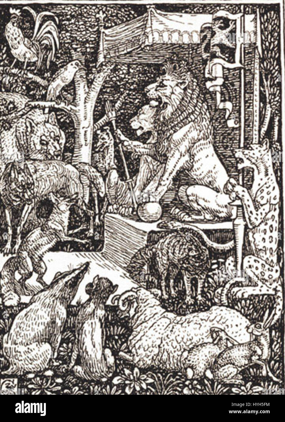 Questa illustrazione tratta dal racconto allegorico medievale raffigura Reynard la volpe che interagisce con il Re Leone, una figura che rappresenta la nobiltà e la giustizia. L'opera riflette i temi dell'astuzia, della politica e delle dinamiche di potere nella letteratura medievale. Foto Stock