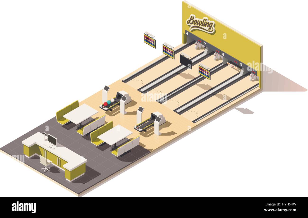 Vettore bassa isometrica poli bowling alley interno Illustrazione Vettoriale