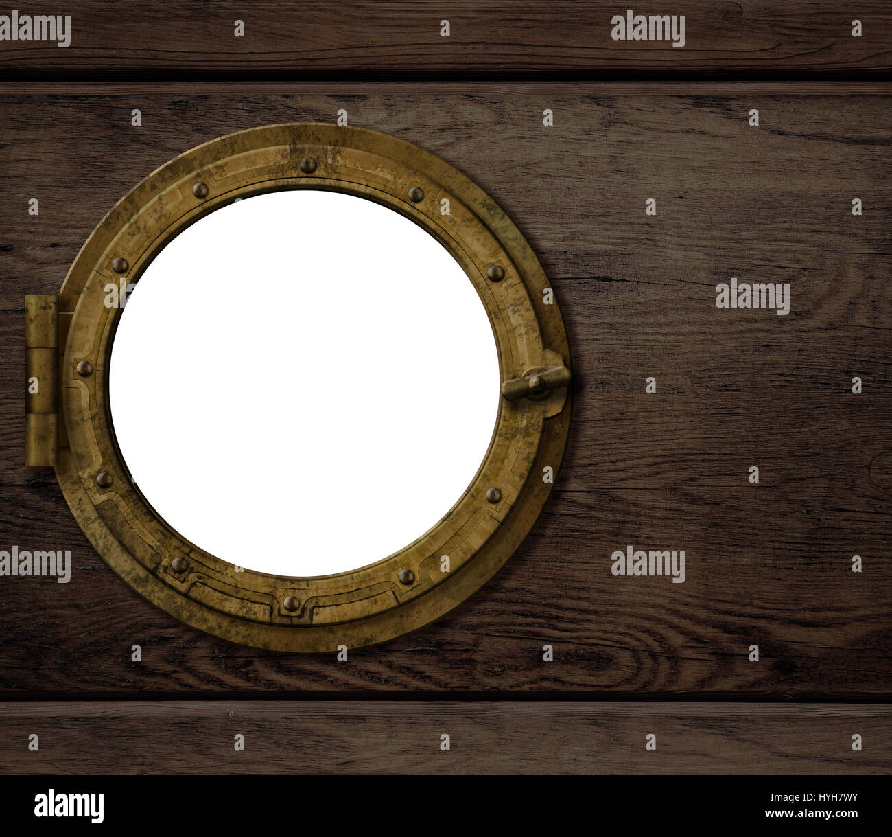Vecchia nave o imbarcazione oblò sulla parete in legno Foto Stock