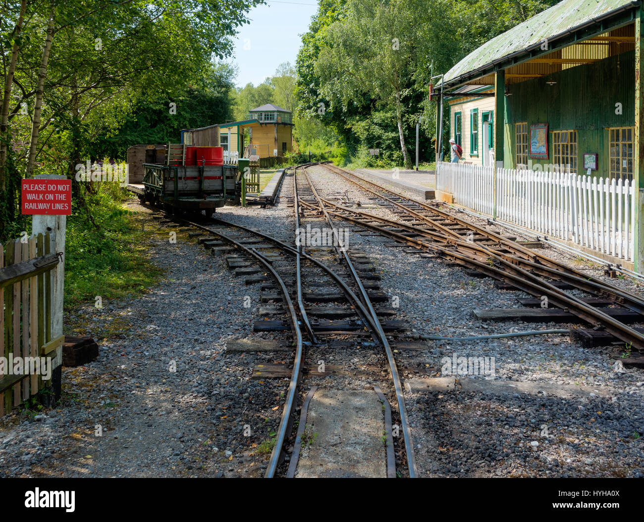 Ferrovia a scartamento ridotto e la stazione a Amberley Museum & Heritage Centre in una giornata di sole Foto Stock