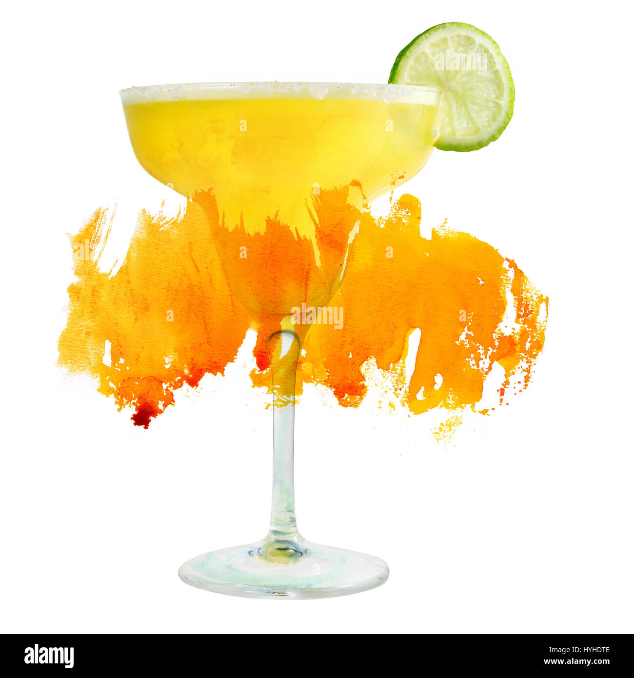 La foto di un limone Margarita cocktail con un acquerello di macchie di vernice su uno sfondo bianco con un posto per il testo Foto Stock