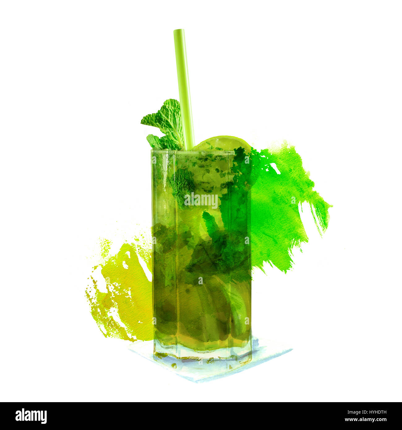 La foto di un cocktail mojito con foglie di menta, un cuneo di calce e una cannuccia, su sfondo bianco con un acquerello di consistenza e di un posto per Foto Stock
