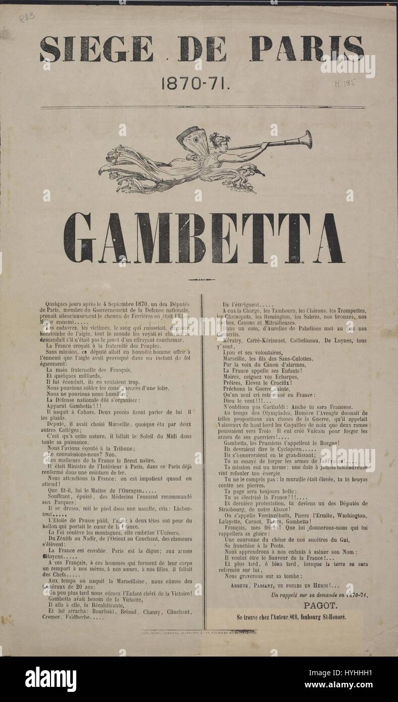 Poster di radicali per quanto riguarda l'Assedio di Parigi, Francia, e Leon Gambetta, scampati alla città tramite palloncino, 1871. Immagine cortesia Joseph A. Labadie Collection, Università del Michigan. Foto Stock