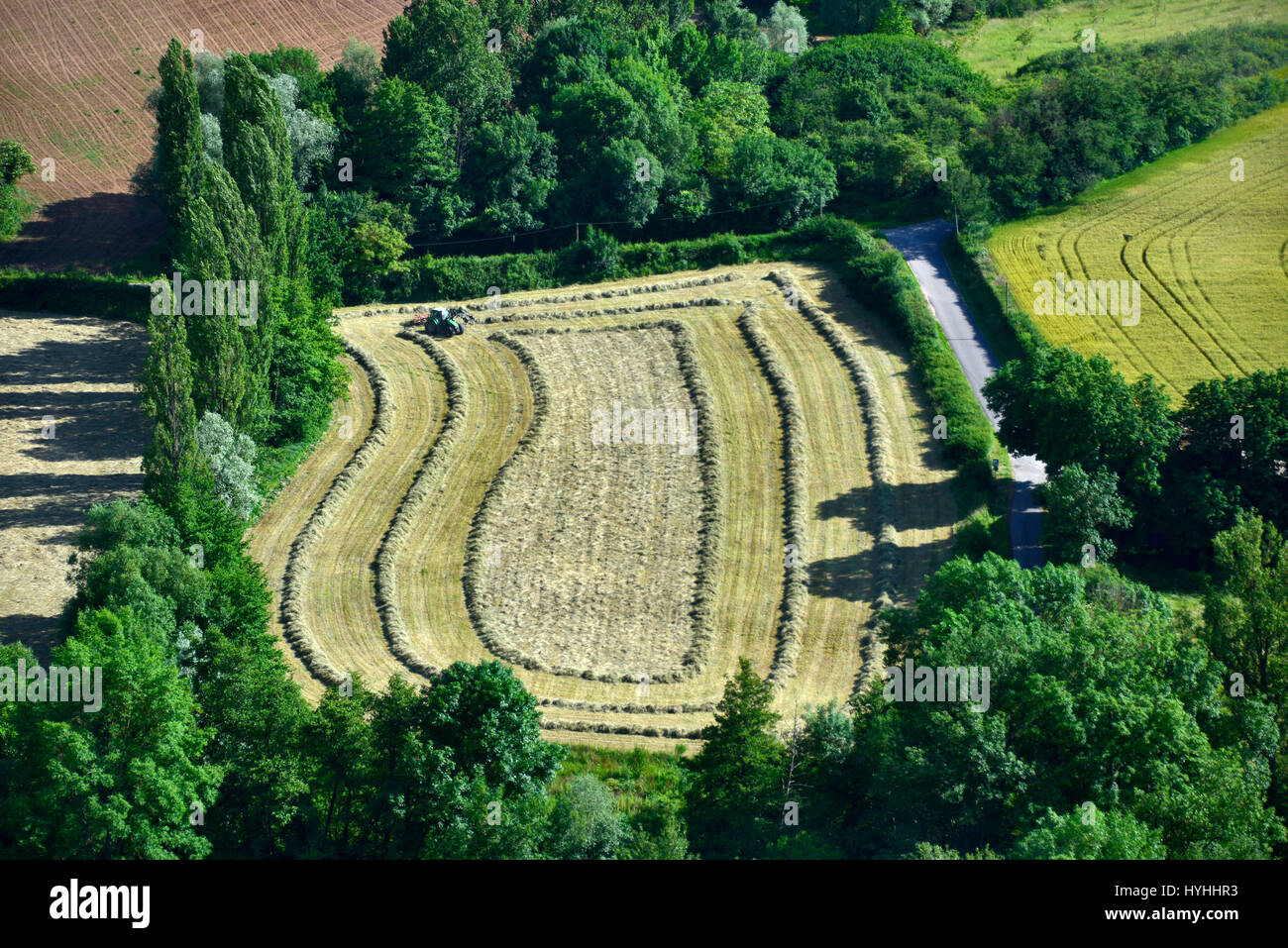 Estate farmscape nella valle Cerou, preso dalla medievale hilltop village di Cordes-sur-Ciel, nell'Occitanie dipartimento della Francia meridionale. Foto Stock