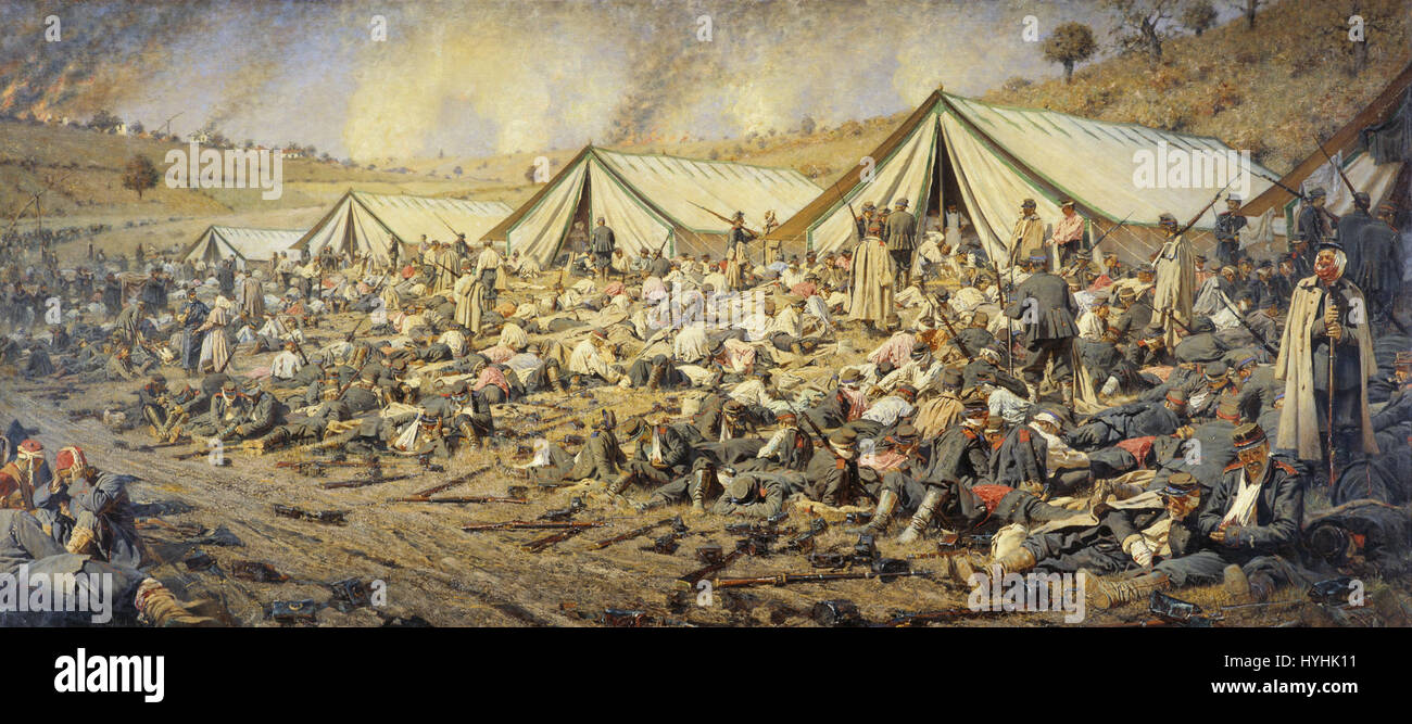 Dopo l'attacco. Plevna, 1877-1878' si riferisce alle conseguenze dell'assedio di Plevna, una battaglia fondamentale nella guerra russo-turca. La scena illustra la distruzione e la devastazione dopo l'intenso conflitto militare, concentrandosi sull'impatto della guerra sul paesaggio. Foto Stock